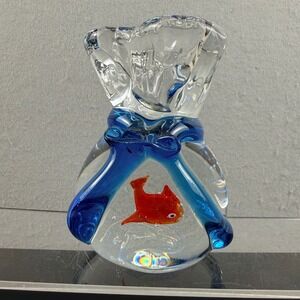 Murano Style Art Glass Fish in a Bag Sculpture Blue Bow Red Fish Paperweight‎